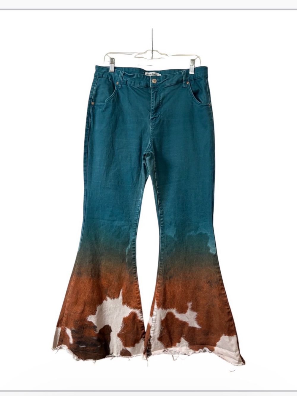 Ranch Dress’n Jade Turquoise Cowhide Print Superflare Stretchy Jeans Size 14 - Picture 2 of 14
